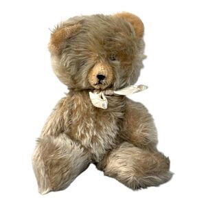 Vintage Mohair Teddy Bear With Satin Ribbon Bow Jointed Germany Handmade Retro